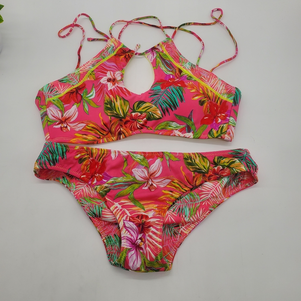 Hobie Halter Neck Tropical Print Bikini Size Large Pink Yellow Green